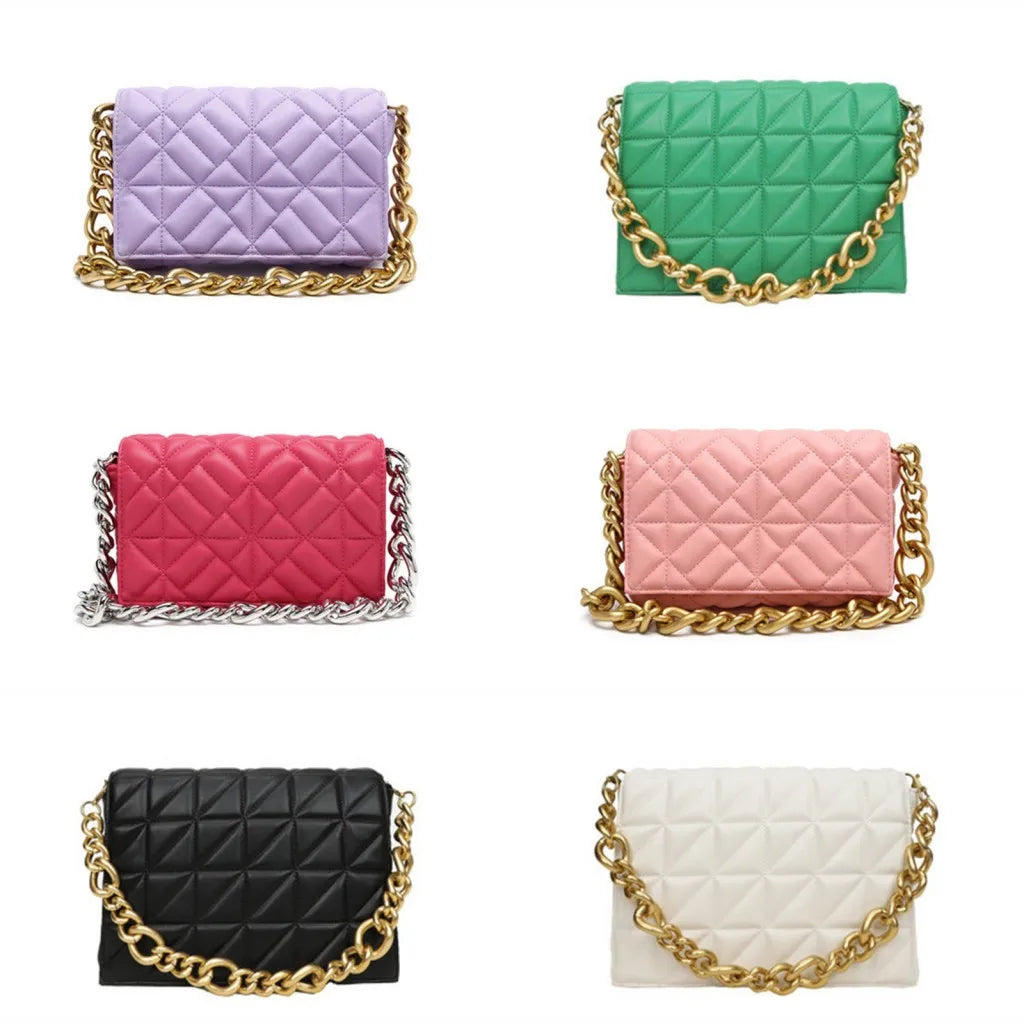 Women's Quilted Shoulder Bag with Thick Chain - Handbag and Clutch
