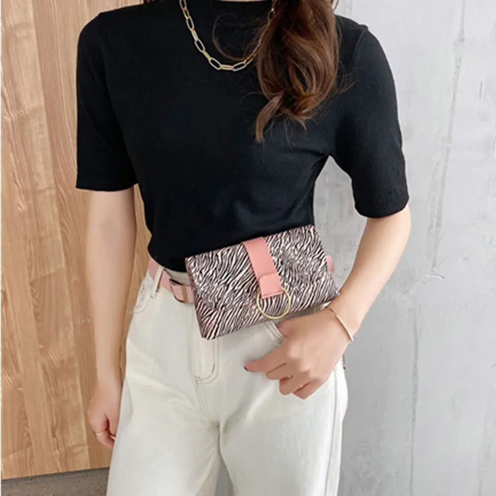 Leopard Stripe PU Waist Bag Belt Phone Bag Flap Leather Fanny Pack