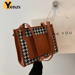 Winter Vintage Shoulder Bag Women Tote Plaid Pacthwork High Handbags