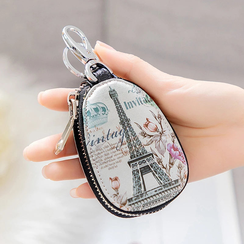 Leather Car Key Case KeyChain Holder Metal Hook Zipper Case Bag Wallet