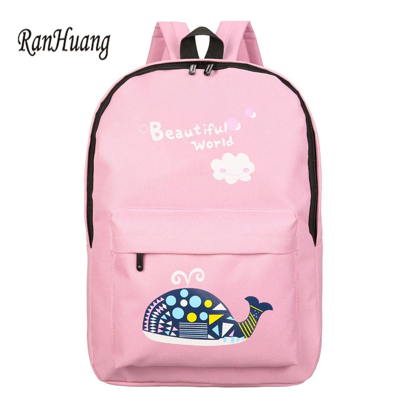 Cartoon Print Canvas Backpack Preppy Style Elephant School Bag