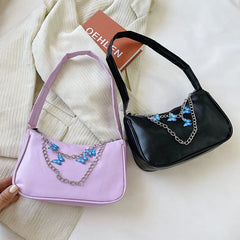 Ocean Texture Shoulder Bag Armpit Bag Chain Butterfly Decorate Solid Handbag