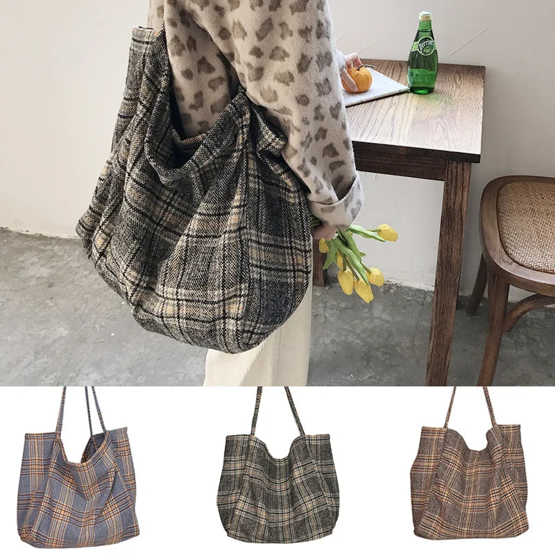 Arrive Women Woolen Canvas Bags Scottish Pattern Vintage Plaid Female Tote Handb