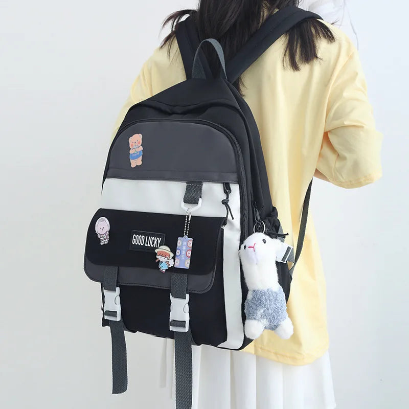 Badge Buckle Backpack Women Waterproof Daypack for Teenage Student