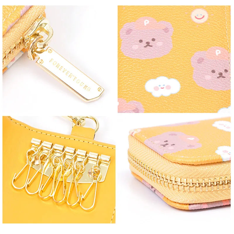Bear Print Women Key Holder Wallet Chain Zipper PU Leather Cover