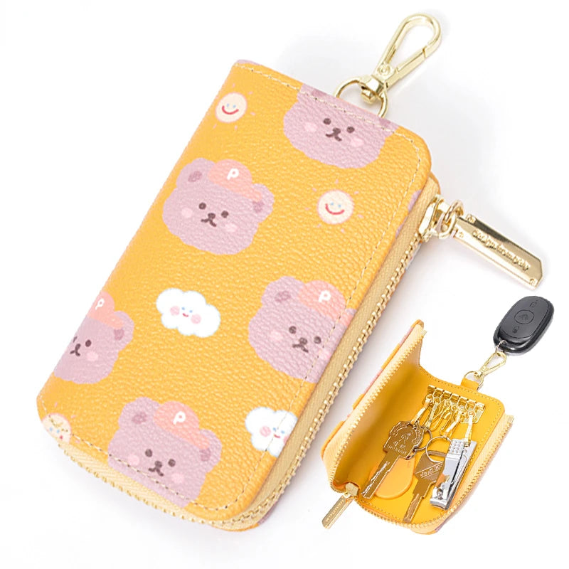 Bear Print Key Holder Wallet Chain Zipper PU Leather Cover
