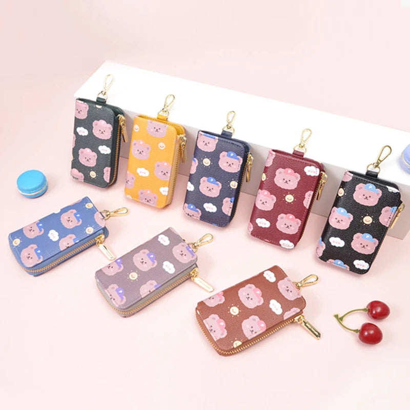 Bear print Key Holder Wallet Chain PU Leather Cover Organizer Case