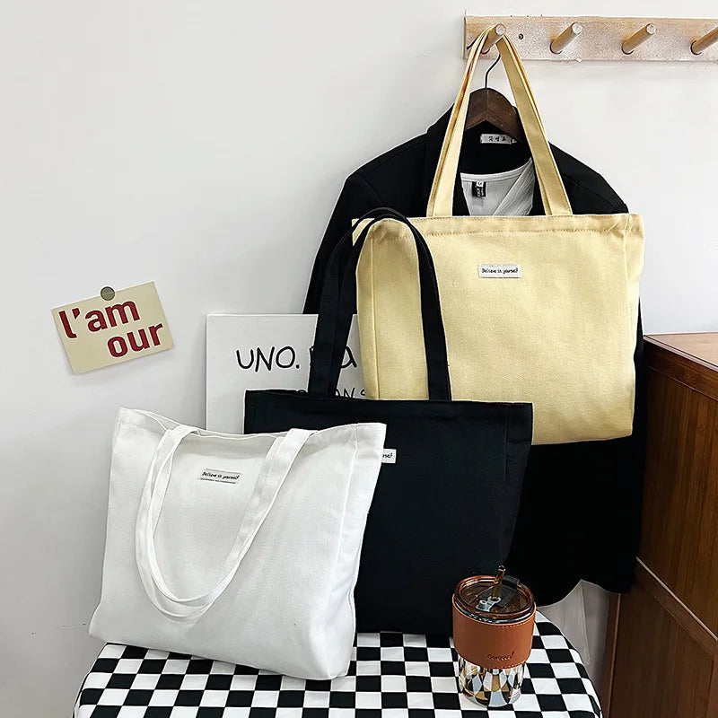 Canvas Shoulder Bag Large Capacity Totes Solid Handbag Reusable Shopping Bags