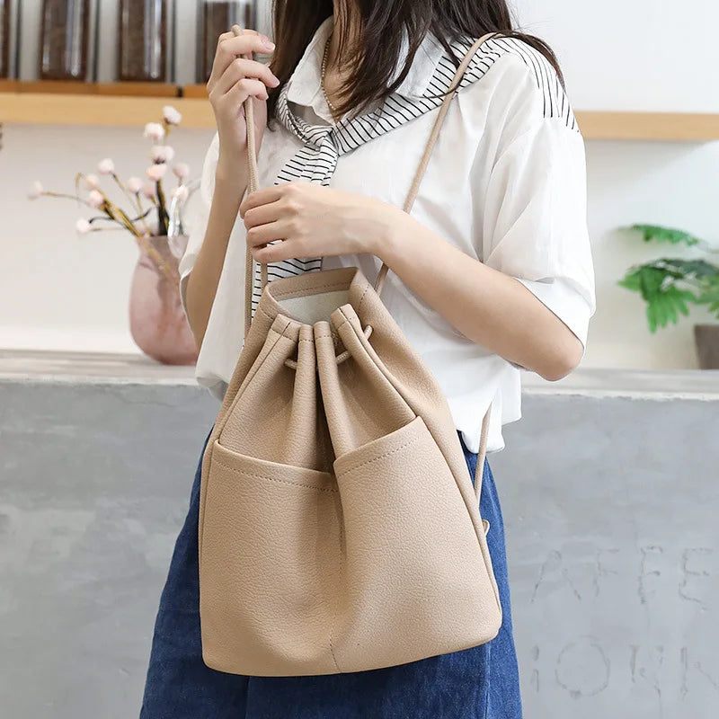 Soft Leather Shoulder Bag Backpacks Drawstring Pu Leather Bags For Women