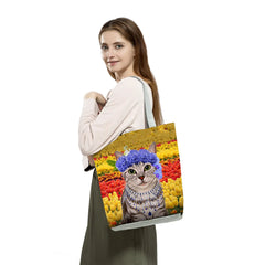 Cat Print Handbags For Women Foldable Large Capacity Shoulder Bag