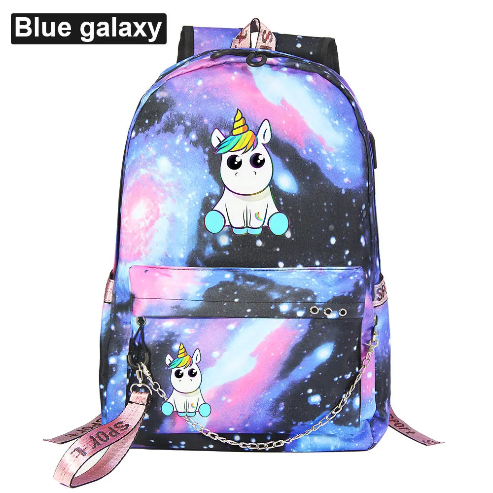 Rainbow Horse Boys Girls Kids School Book Bags Women USB Chain Backpack Canvas M