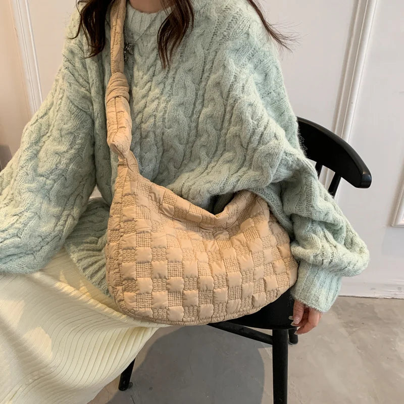 Shoulder Bag Women Casual Space Down Feather Crossbody Plaid Bag Winter Warm
