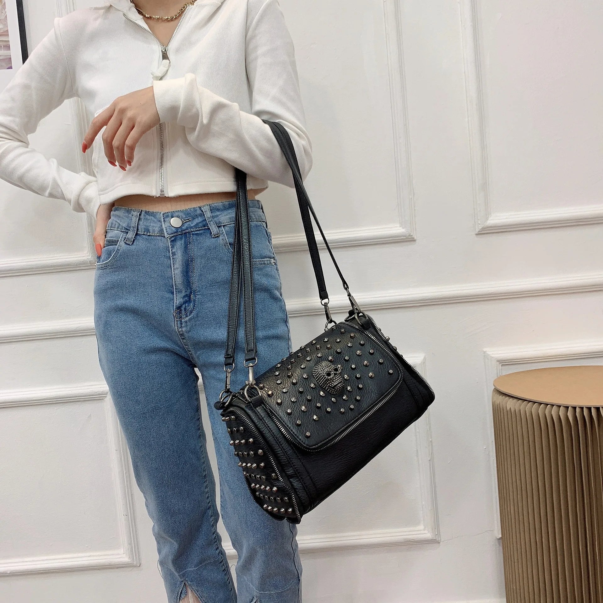 Women Shoulder Bag Punk Skull Tote Purse Top-handle Purses