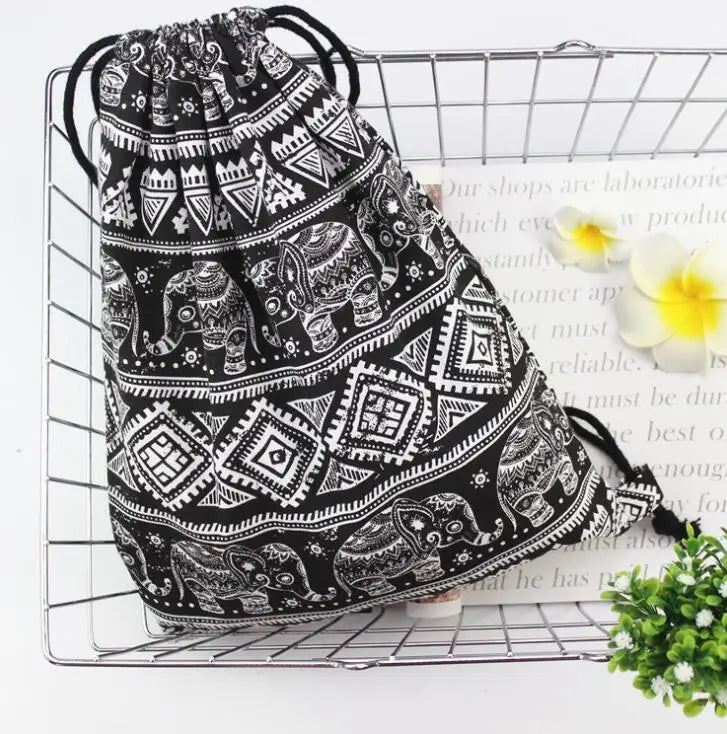 Elephant Retro Canvas Bag Shoulder Backpack Small Fresh Drawstring Bag Women's B
