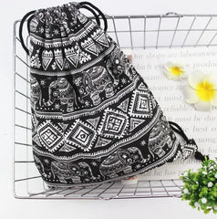 Elephant Retro Canvas Bag Shoulder Backpack Small Fresh Drawstring Bag Women's B