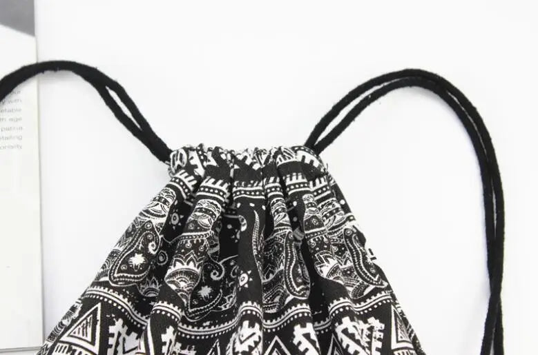 Elephant Retro Canvas Bag Shoulder Backpack Small Fresh Drawstring Bag Women's B