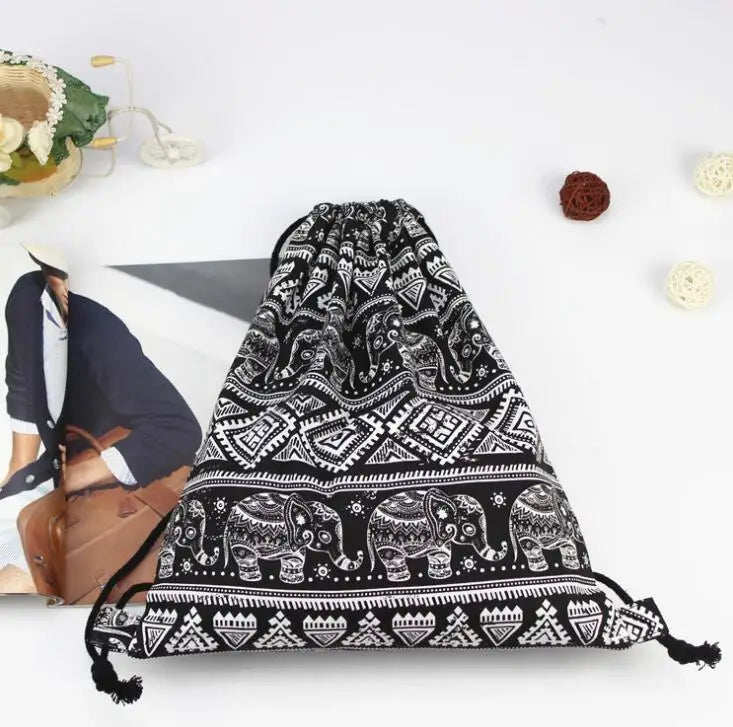 Elephant Retro Canvas Bag Shoulder Backpack Small Fresh Drawstring Bag Women's B