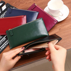 Women's Oil wax Long Wallet Zipper Leather Thin Soft Leather Wallet