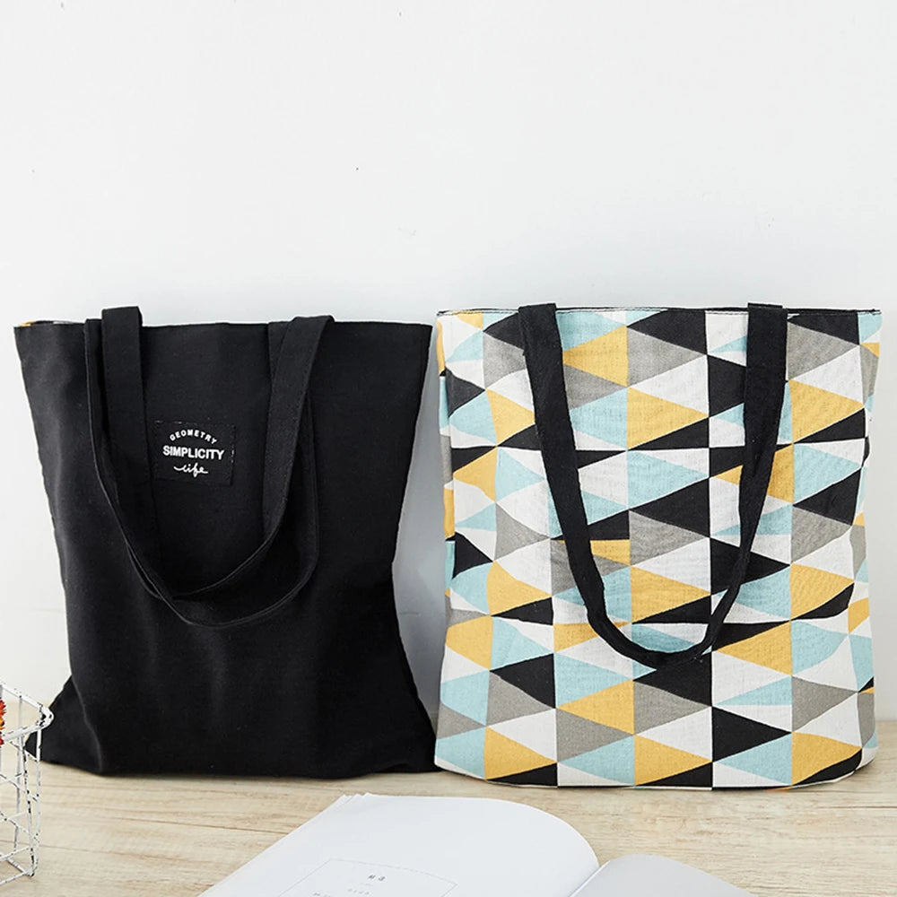 Double-Sided Cotton Linen Handbag Shopper Bag Reusable Grocery Bag