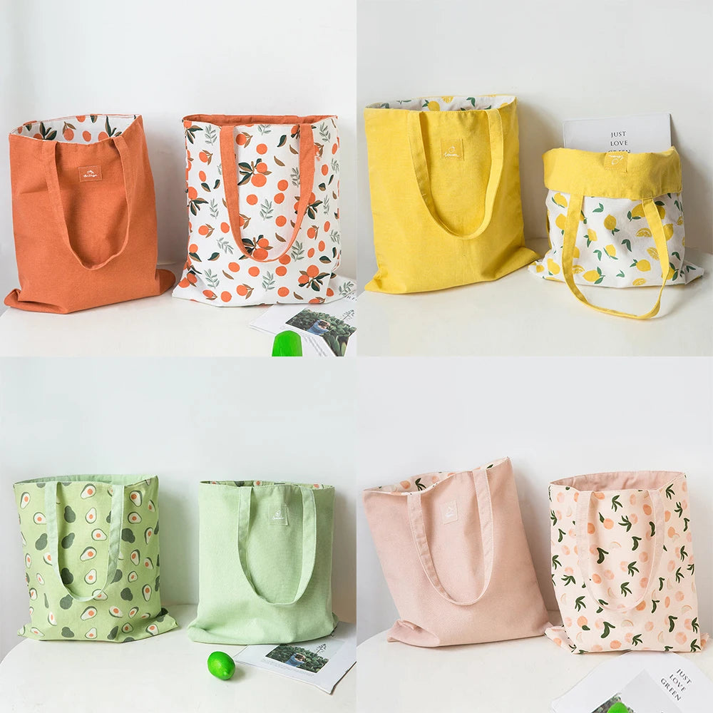 Double-Sided Cotton Linen Handbag Shopper Bag Reusable Grocery Bag