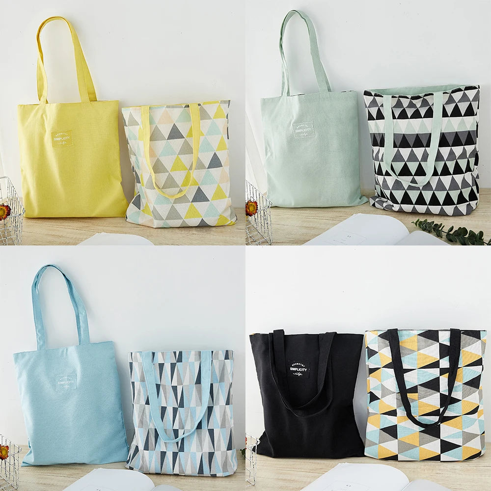 Double-Sided Cotton Linen Handbag Shopper Bag Reusable Grocery Bag
