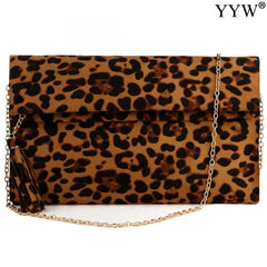 Leopard Brown Leather Clutch Bag with Tassels for Women