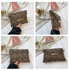 Leopard Brown Leather Clutch Bag with Tassels for Women