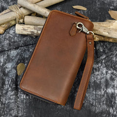 Double Layer Leather Long Purse Vintage Cowskin Zipper Wallet