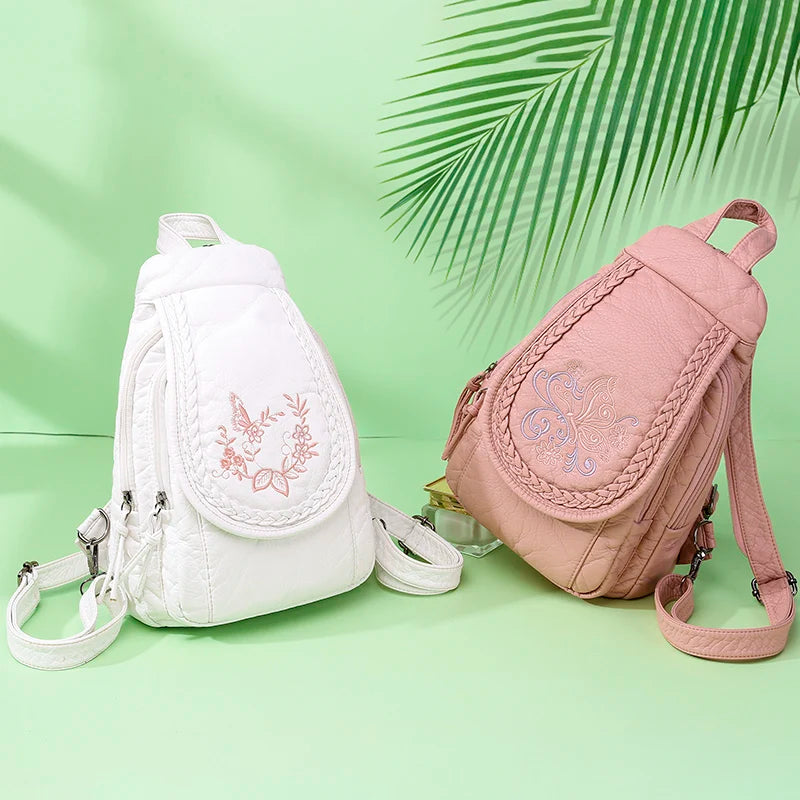 Embroidery Women's Backpack Butterfly Flower Pattern Leather Ladies Backpack