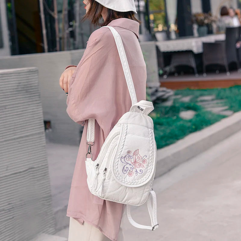 Embroidery Women's Backpack Butterfly Flower Pattern Leather Ladies Backpack