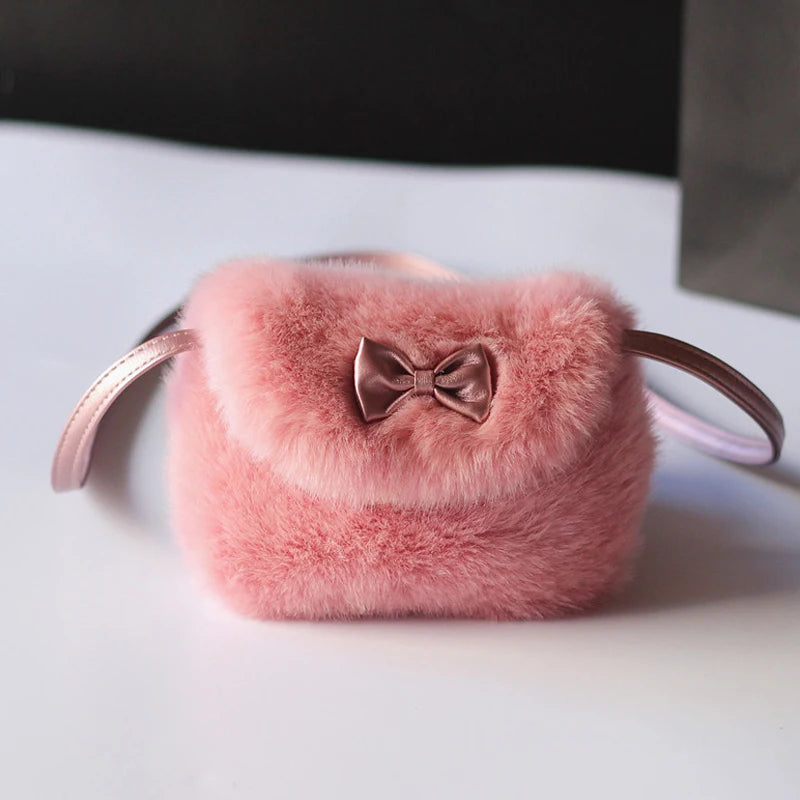 Girls Kids Purse Bowknot Mini Fur Children Handbags Cross Body Bag