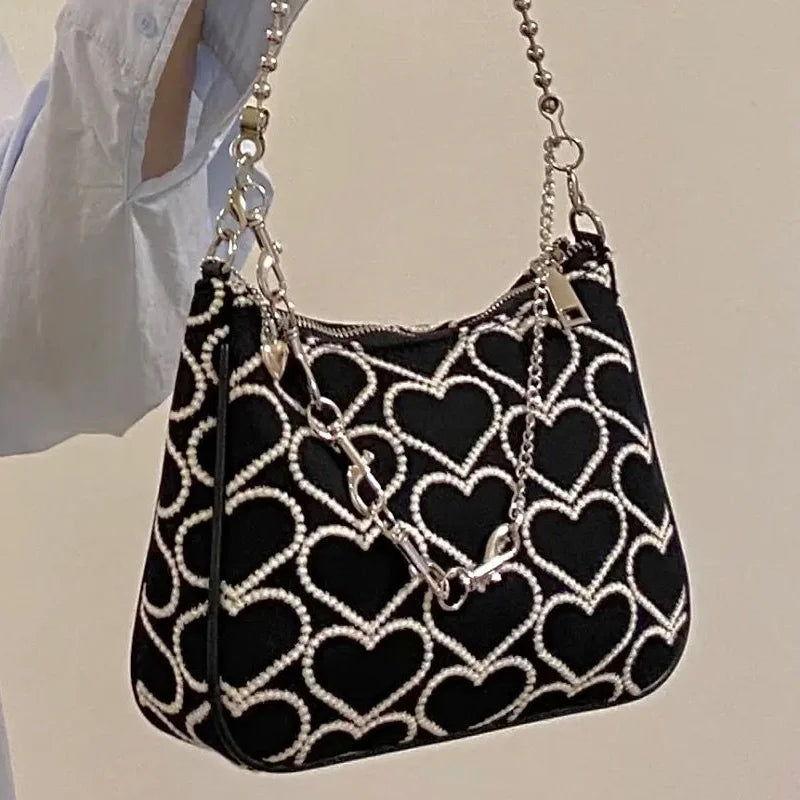 Heart Shape Embroidered Shoulder Bag for Women Girls Autumn Winter