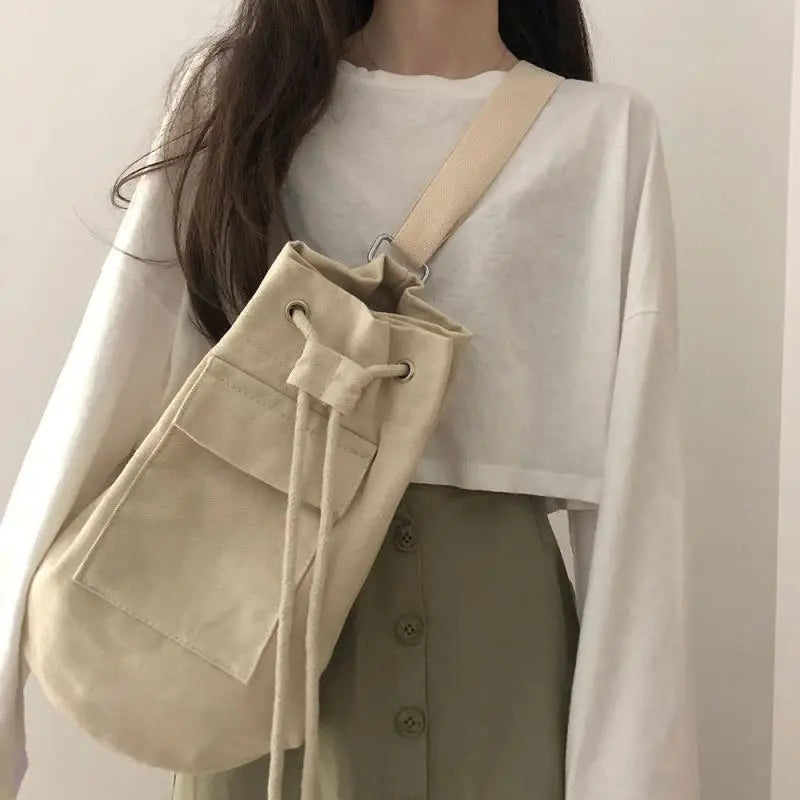 Canvas Drawstring Bucket Bag Large Capacity Backpack