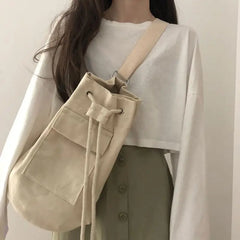 Canvas Drawstring Bucket Bag Large Capacity Backpack