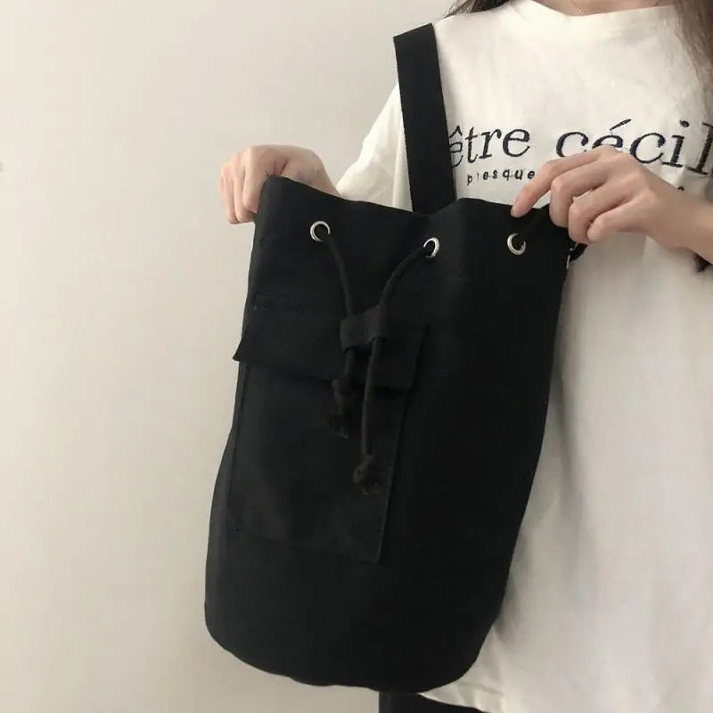 Canvas Drawstring Bucket Bag Large Capacity Backpack