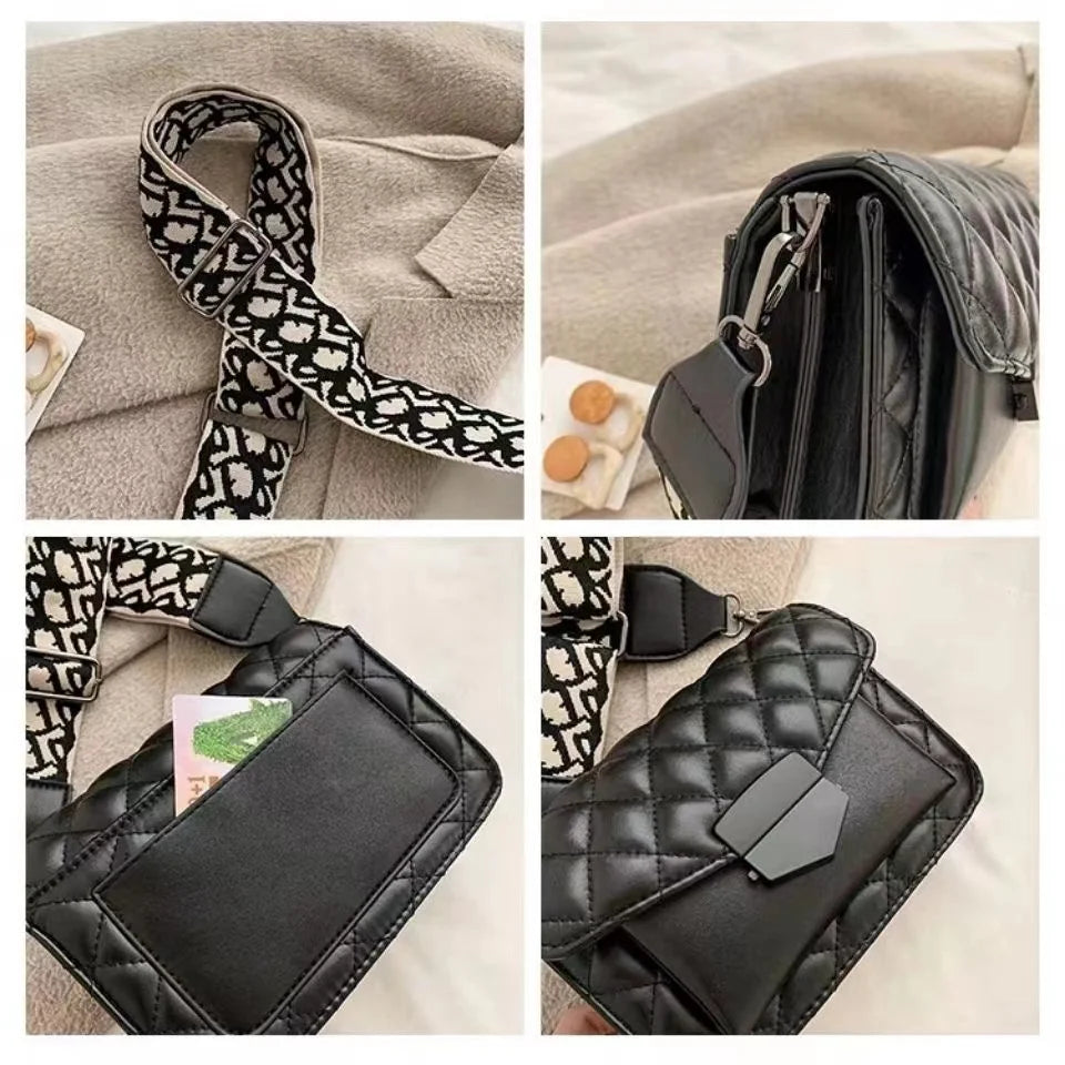 Women Bag Wide Shoulder Strap Bag Crossbody Bags Chain Rhombus PU Leather