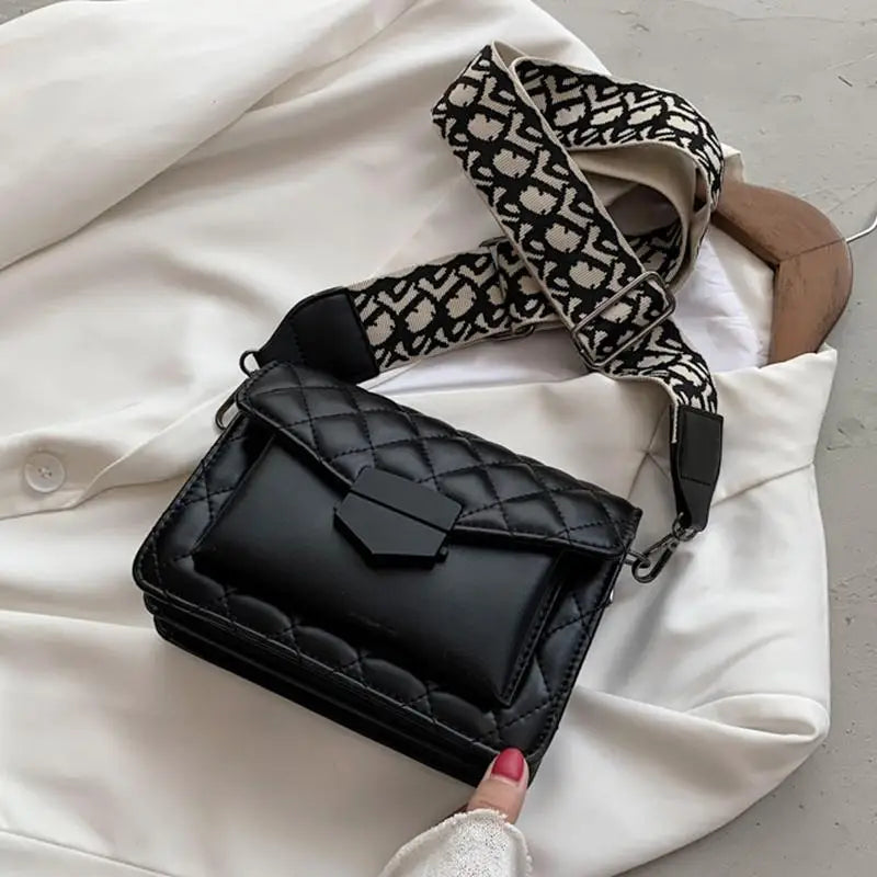 Women Bag Wide Shoulder Strap Bag Crossbody Bags Chain Rhombus PU Leather