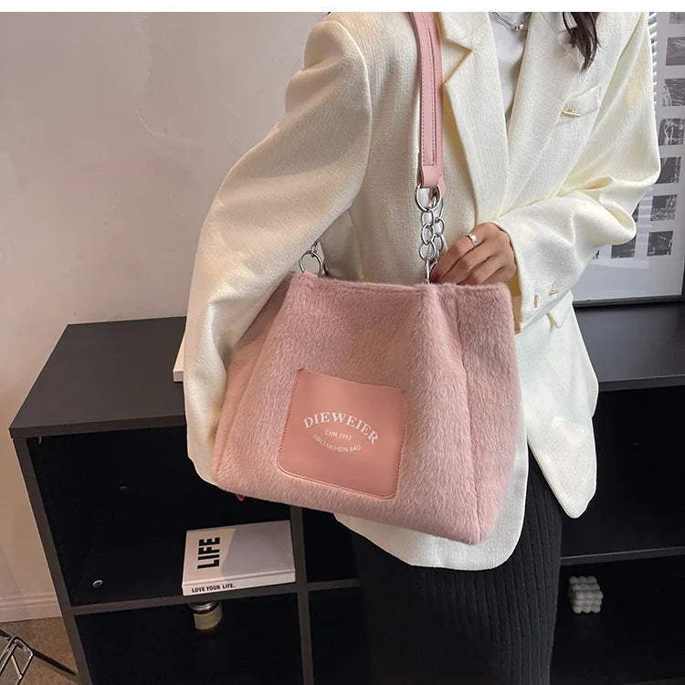 Women Faux Fur Crossbody Handbags Large Capacity Shoulder Bag Plush Tote