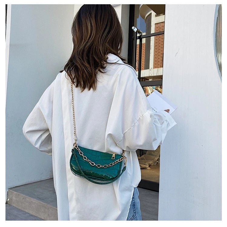 Printed Pattern PU Messenger Bag w/ Chain Shoulder Strap