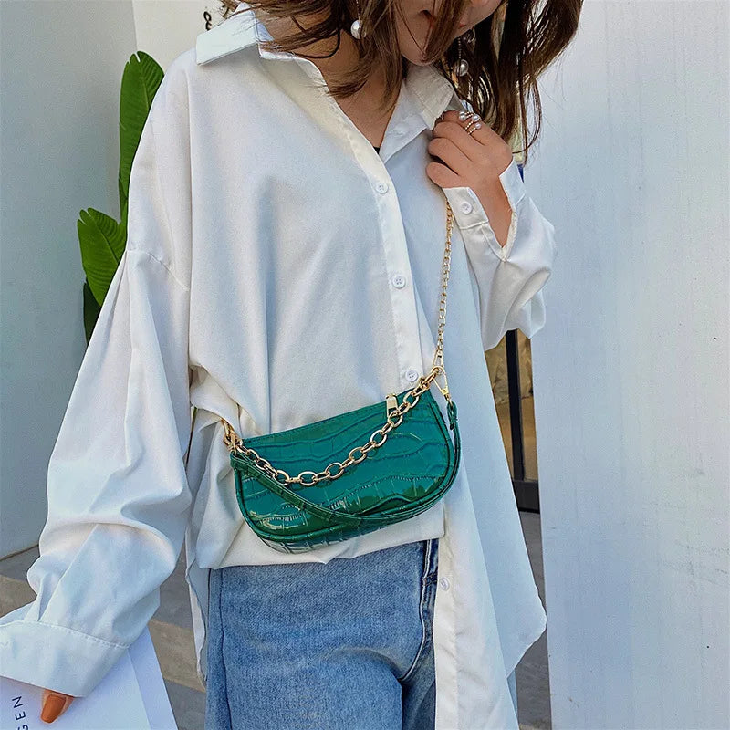 Printed Pattern PU Messenger Bag w/ Chain Shoulder Strap