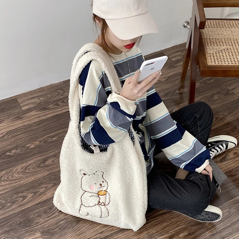 Plush Shoulder Tote Bag Winter Handbag Fur Shopping Handbag