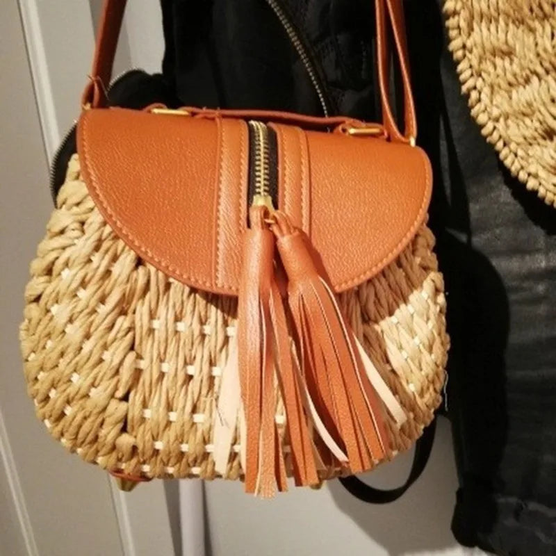 Boho Straw PU Chain Messenger Bag Beach Rattan Woven Large Capacity Bohemian