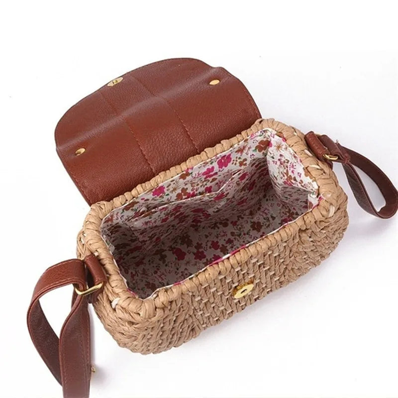 Boho Straw PU Chain Messenger Bag Beach Rattan Woven Large Capacity Bohemian