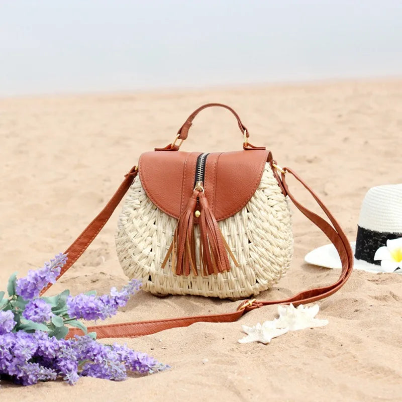 Boho Straw PU Chain Messenger Bag Beach Rattan Woven Large Capacity Bohemian