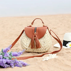 Boho Straw PU Chain Messenger Bag Beach Rattan Woven Large Capacity Bohemian