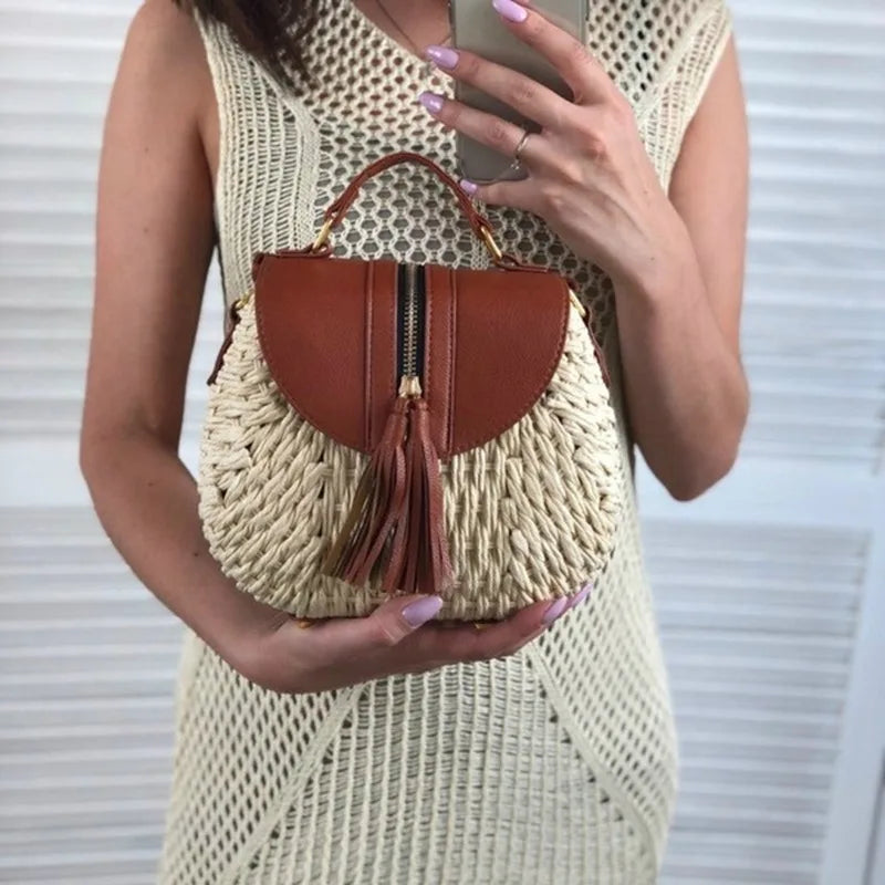 Boho Straw PU Chain Messenger Bag Beach Rattan Woven Large Capacity Bohemian