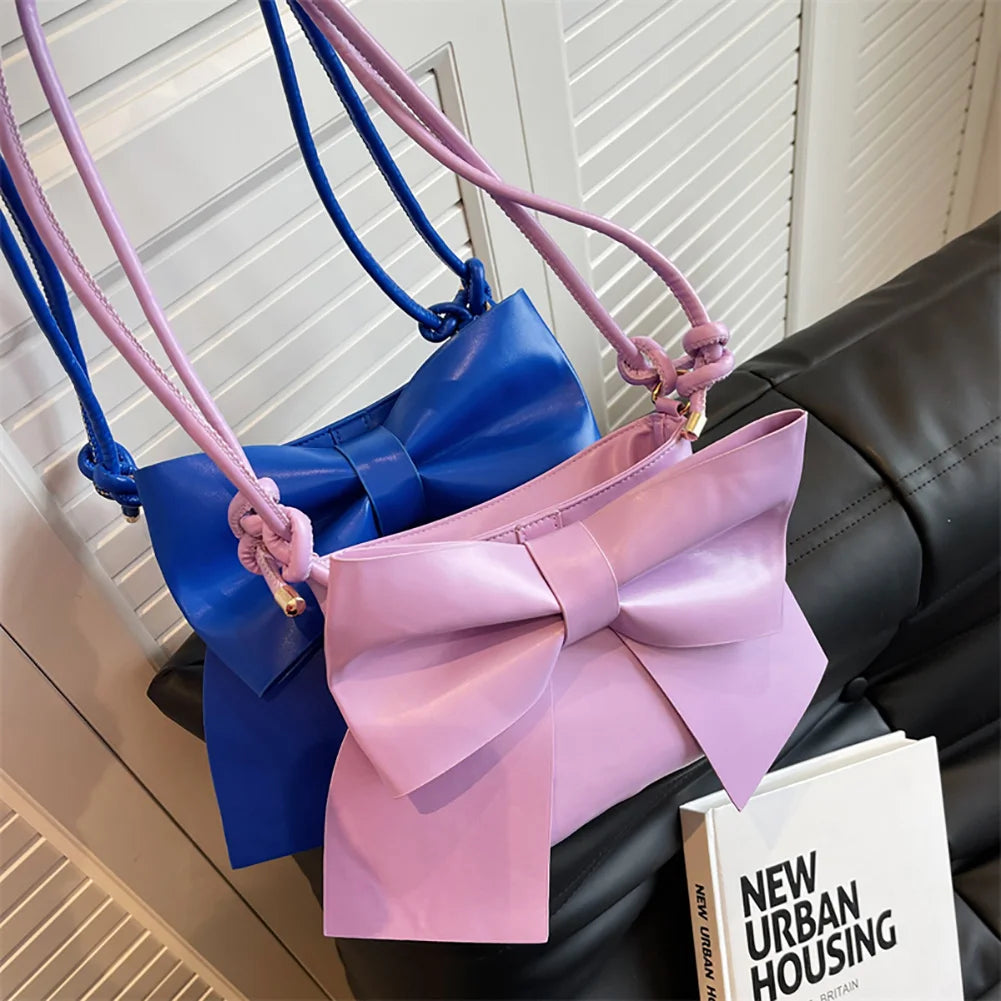 Vintage PU Leather Top-Handle Bags with Big Bow Totes