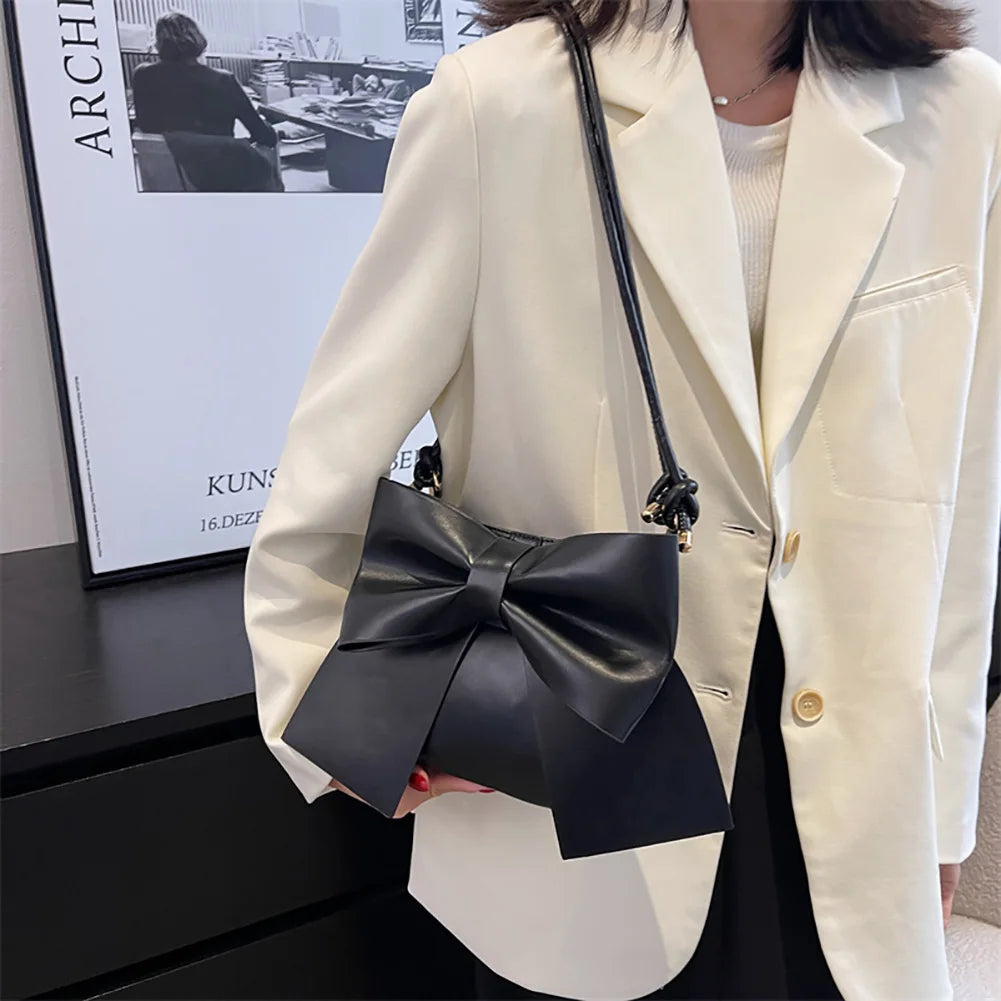 Vintage PU Leather Top-Handle Bags with Big Bow Totes