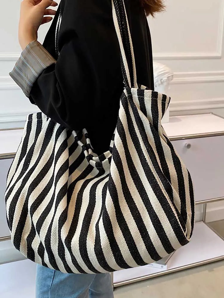 Striped Tote Shoulder Bag for Women Large Capacity Handbag