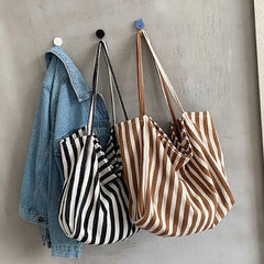 Striped Tote Shoulder Bag for Women Large Capacity Handbag